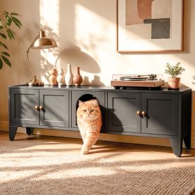 58in Metal Cat Litter Box Enclosure, Hidden Litter Furniture For 2 Cats, Large Indoor Cat House TV Stand Cabinet W Ventilation & 2 Compartments, (Option: Black)